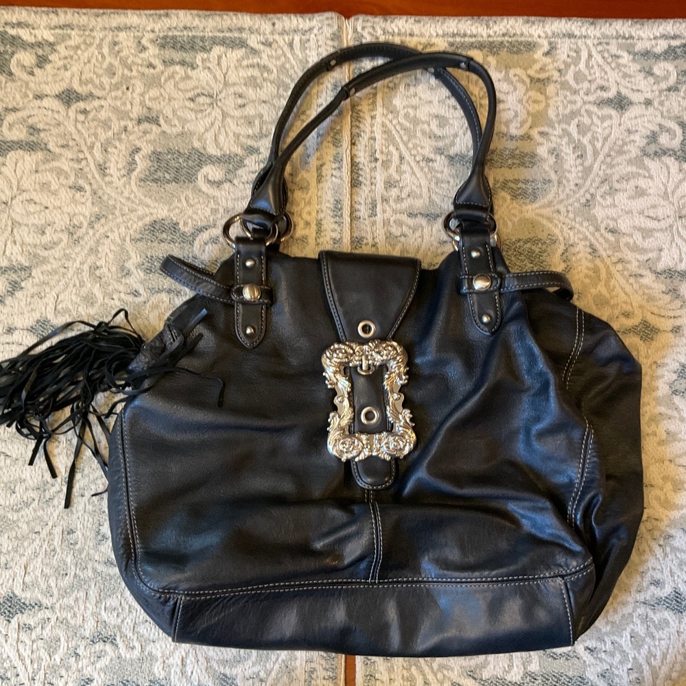 B. Makowsky Black Leather OrnateBuckle Shoulder Bag Hobo Handbag